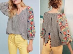 XS Anthropologie Floreat Soleil Embroidered Peasant Top Linen Rainbow Tassels